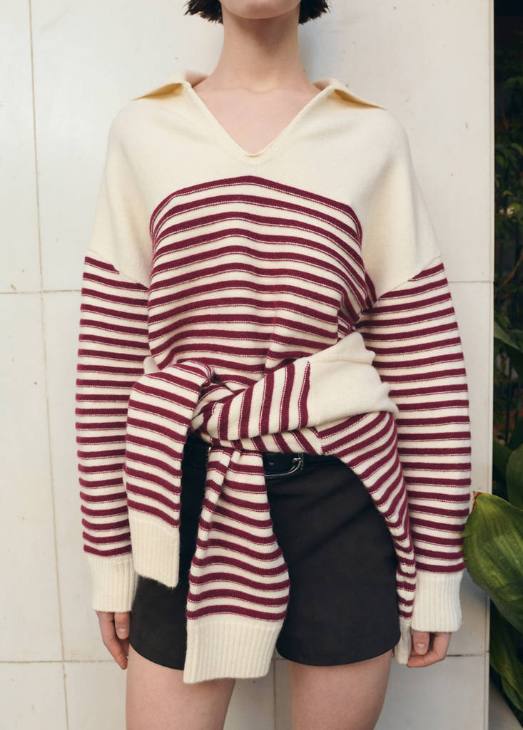 Striped polo-neck sweater — Ecru
