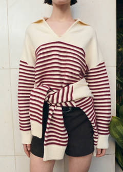 Striped polo-neck sweater — Ecru 1