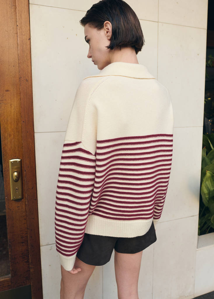 Striped polo-neck sweater — Ecru