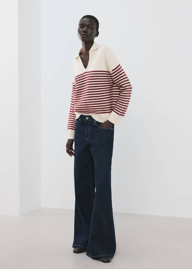 Striped polo-neck sweater — Ecru