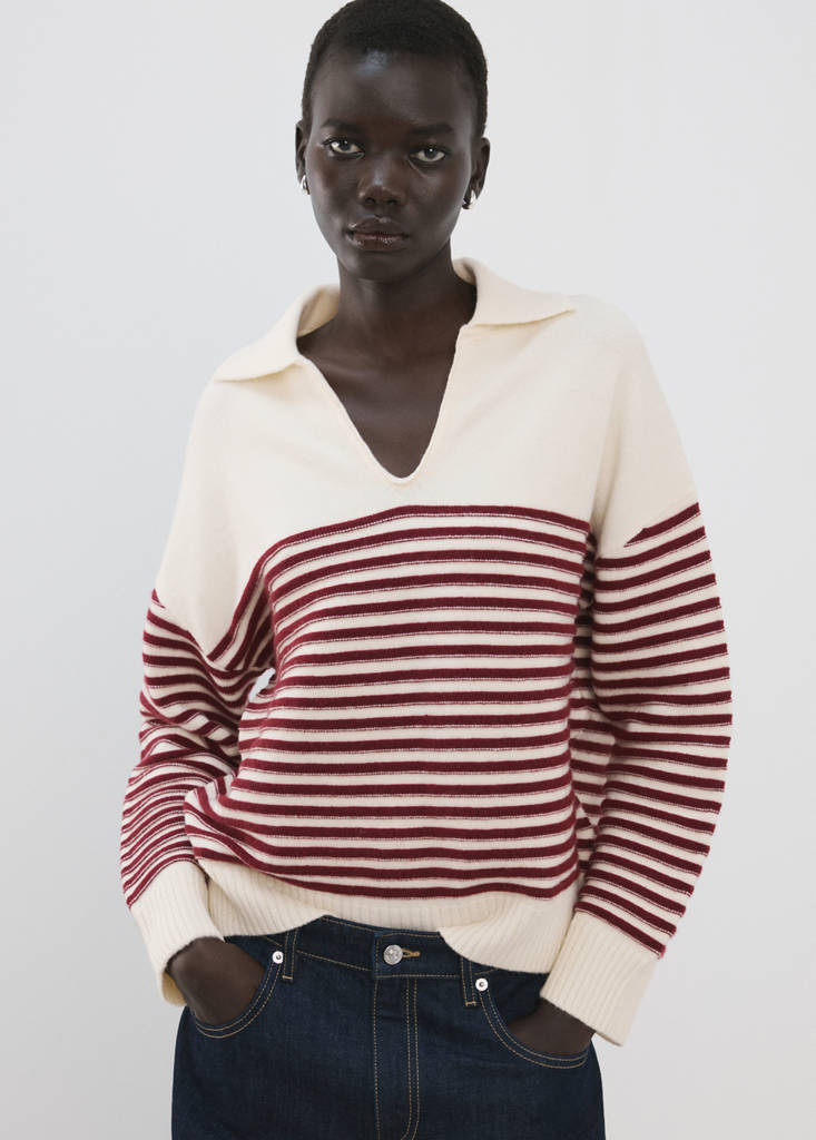 Striped polo-neck sweater — Ecru