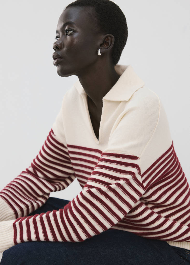 Striped polo-neck sweater — Ecru