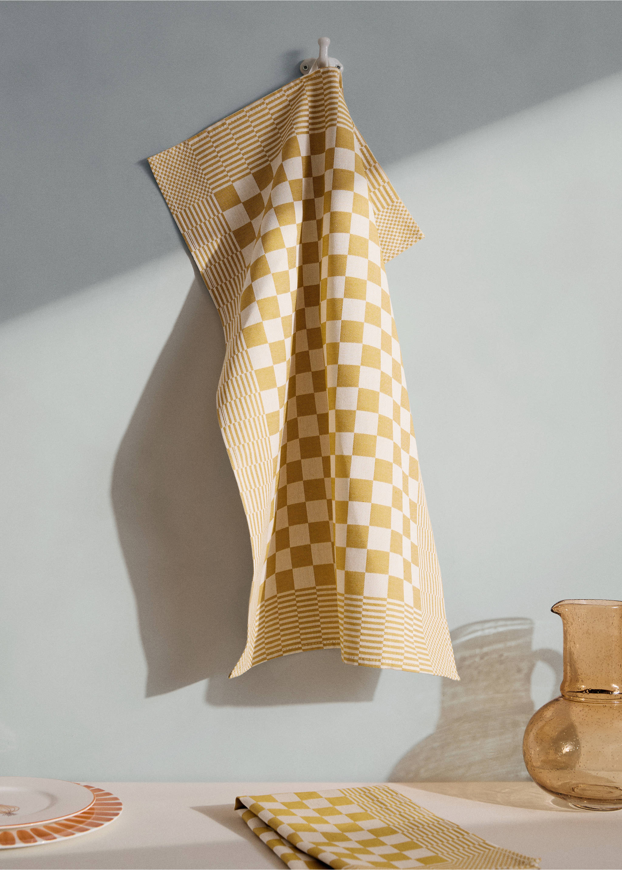 Cotton checkered kitchen towels - General plane, Yellow. Ref: 27093294-00.