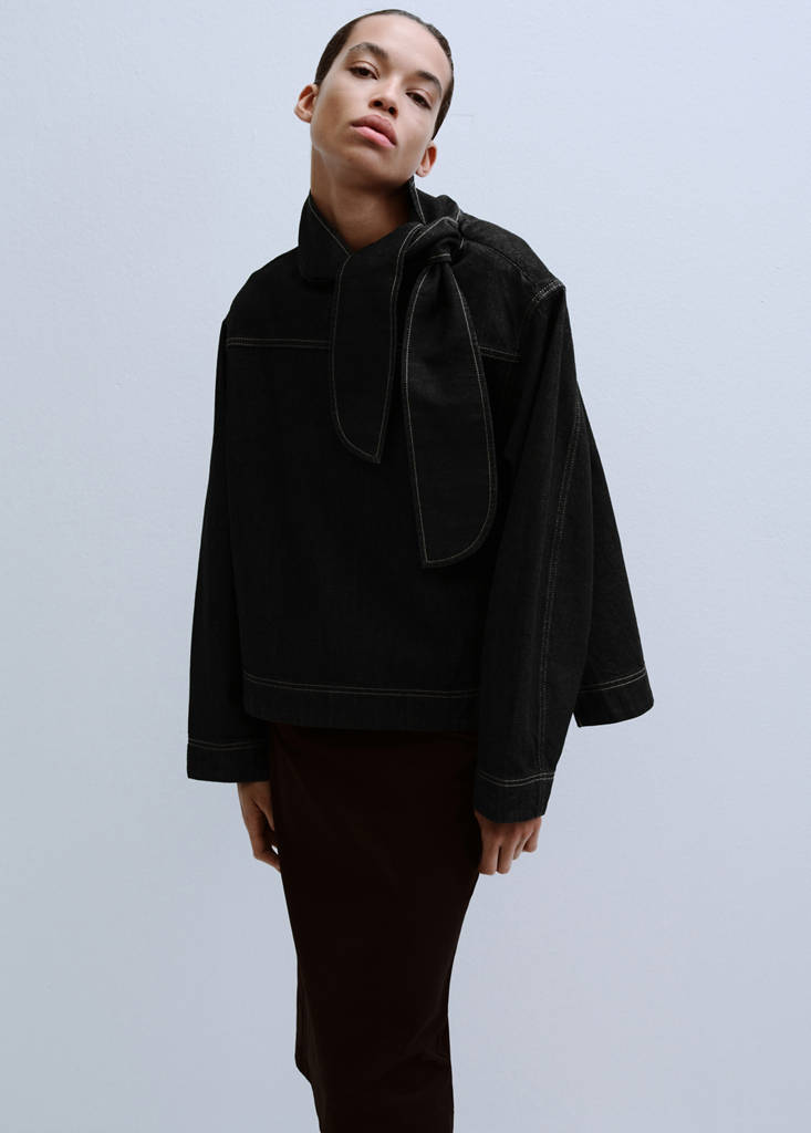 Denim blouse with knot neck
