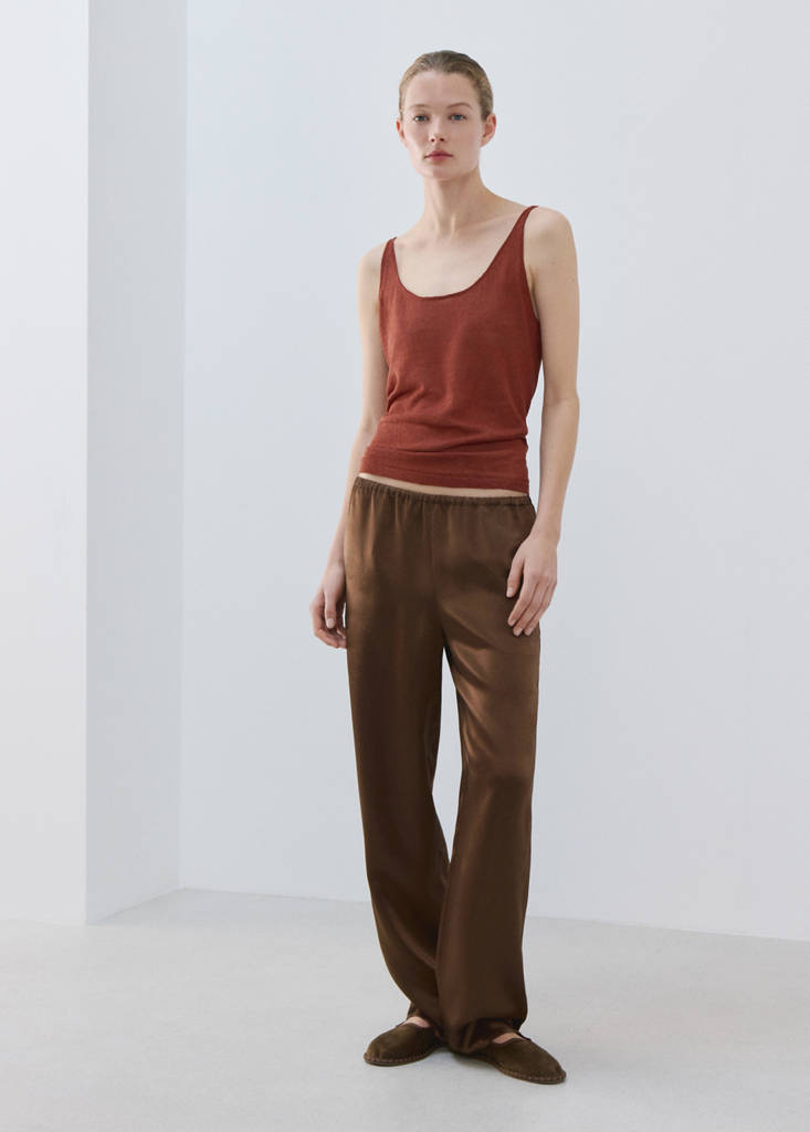 Satin trousers with elastic waist — Brown