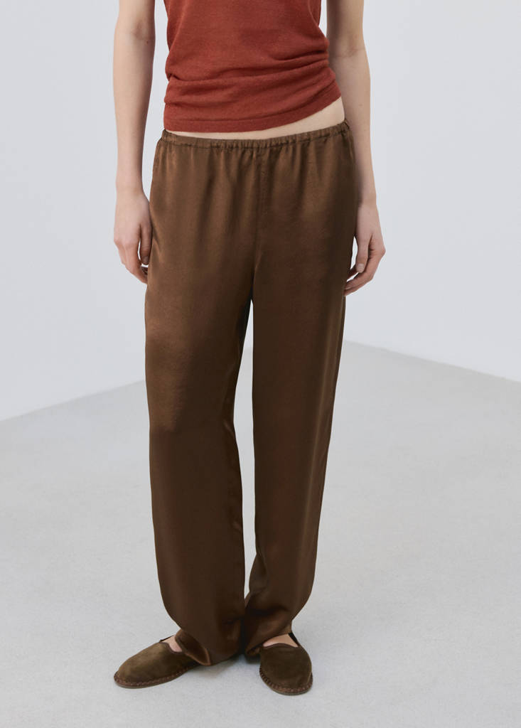 Satin trousers with elastic waist — Brown