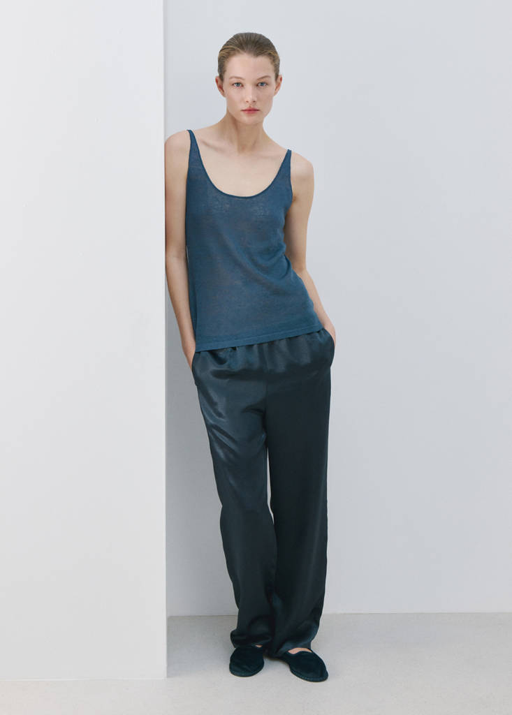 Satin trousers with elastic waist — Blue