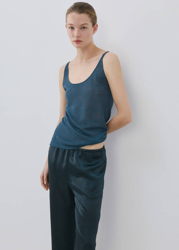 Satin trousers with elastic waist — Blue