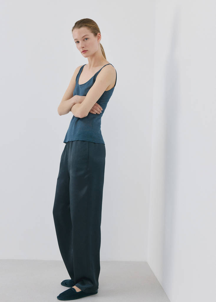 Satin trousers with elastic waist — Blue