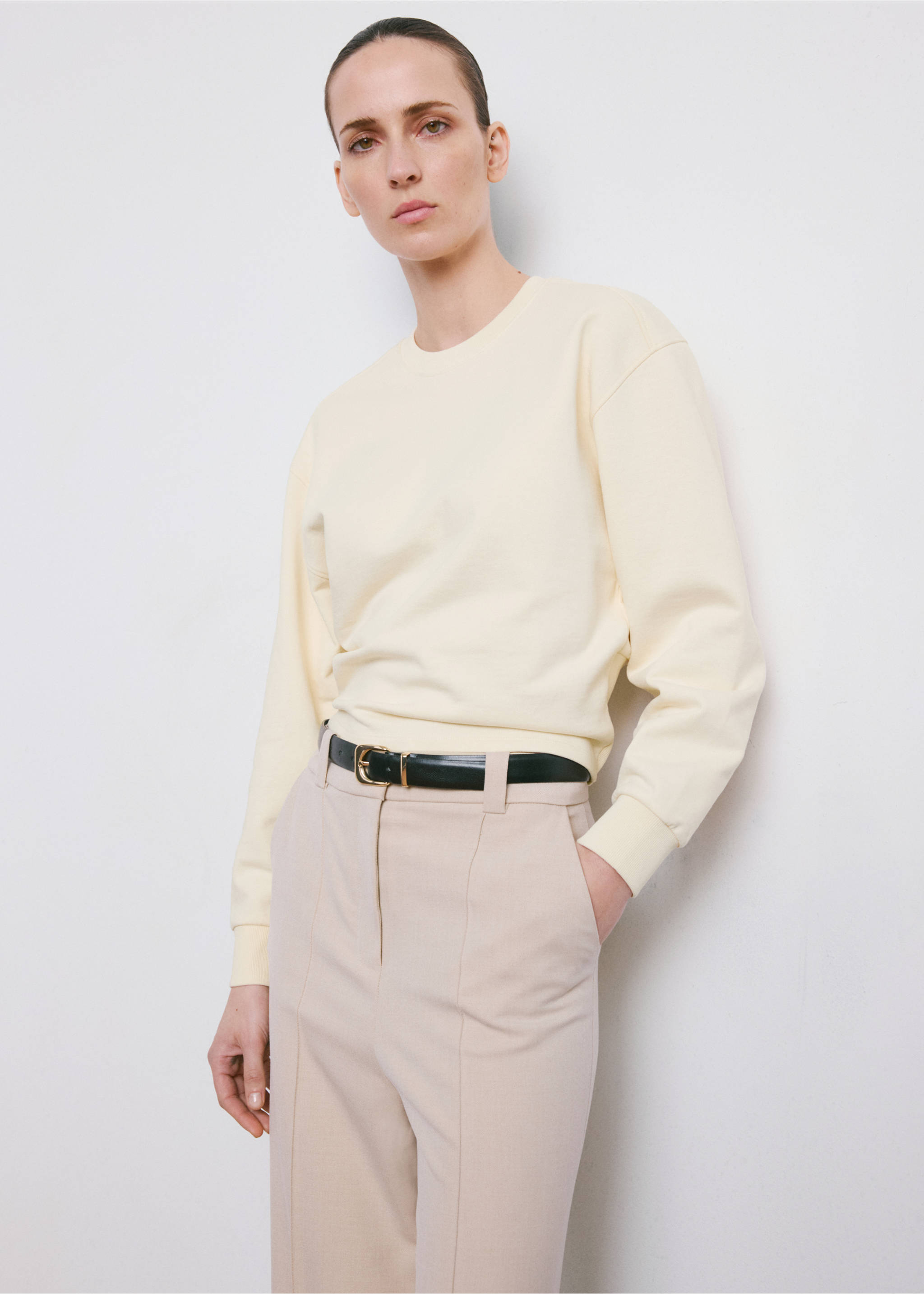 Round-neck cotton sweatshirt - Medium plane, Pastel Yellow. Ref: 27093335-00.
