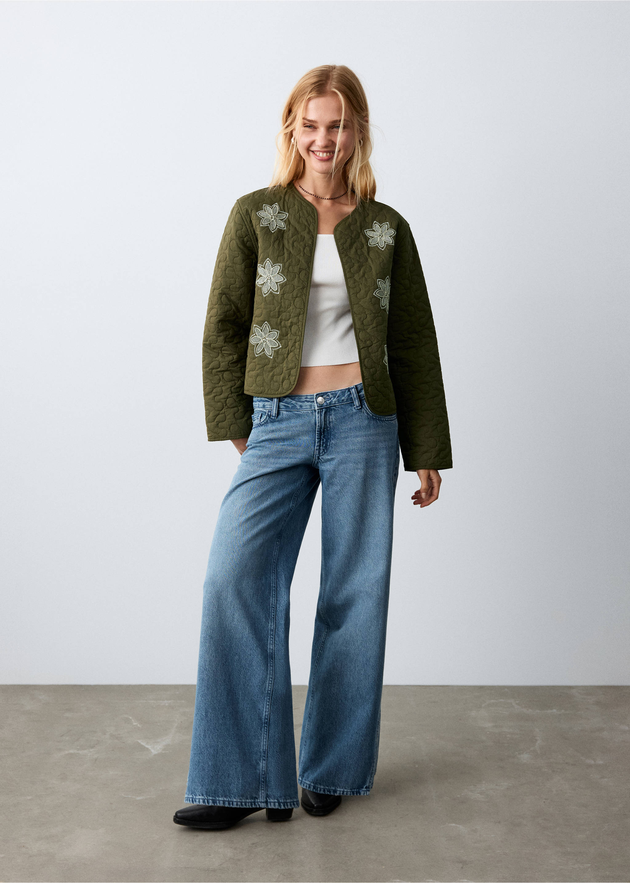 Broderad quiltad jacka - Allmän bild, Khaki. Ref: 27094048-00.