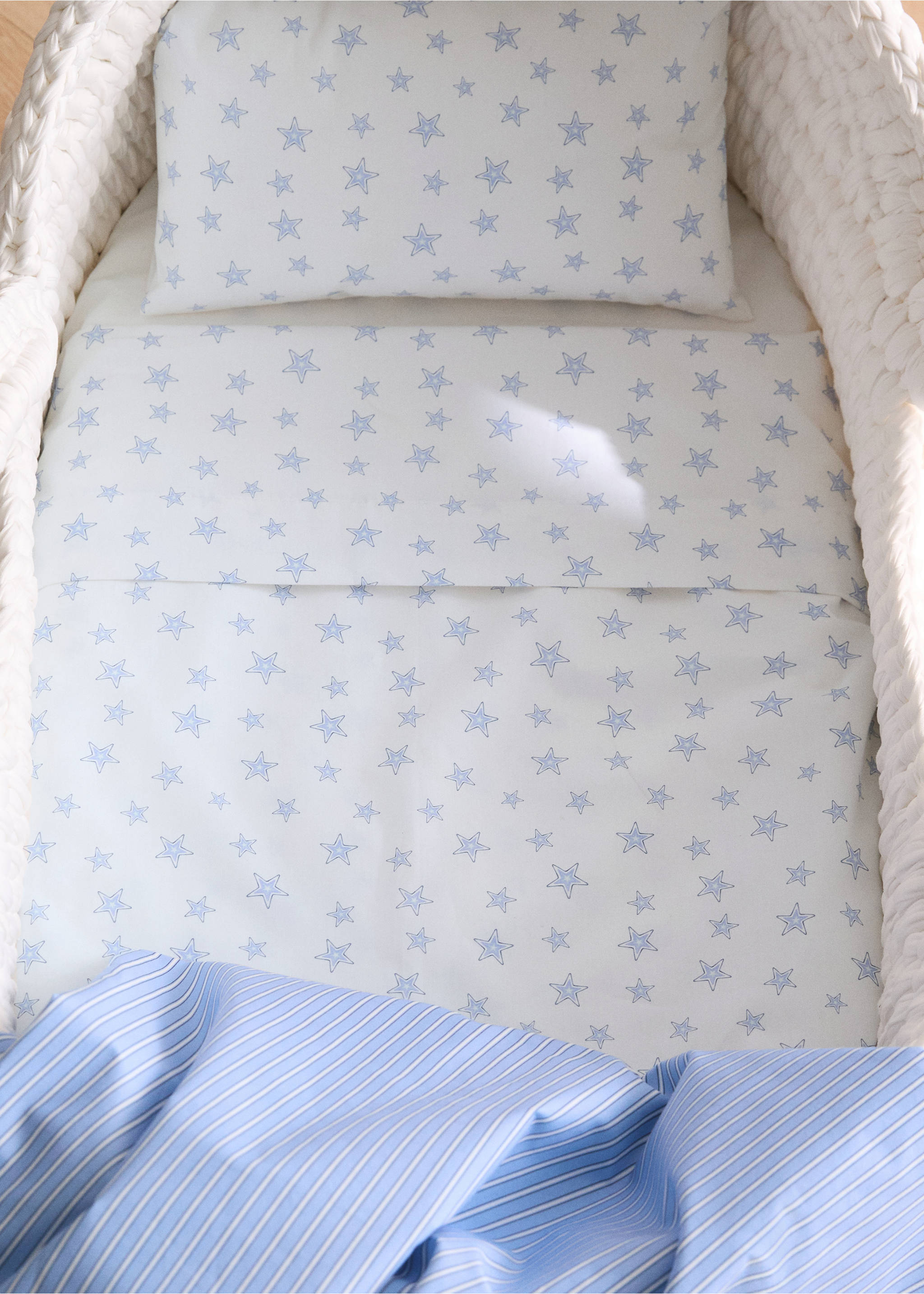 Mini cot sheet and pillow set in star-patterned cotton percale - General plane, Blue. Ref: 27094061-00.