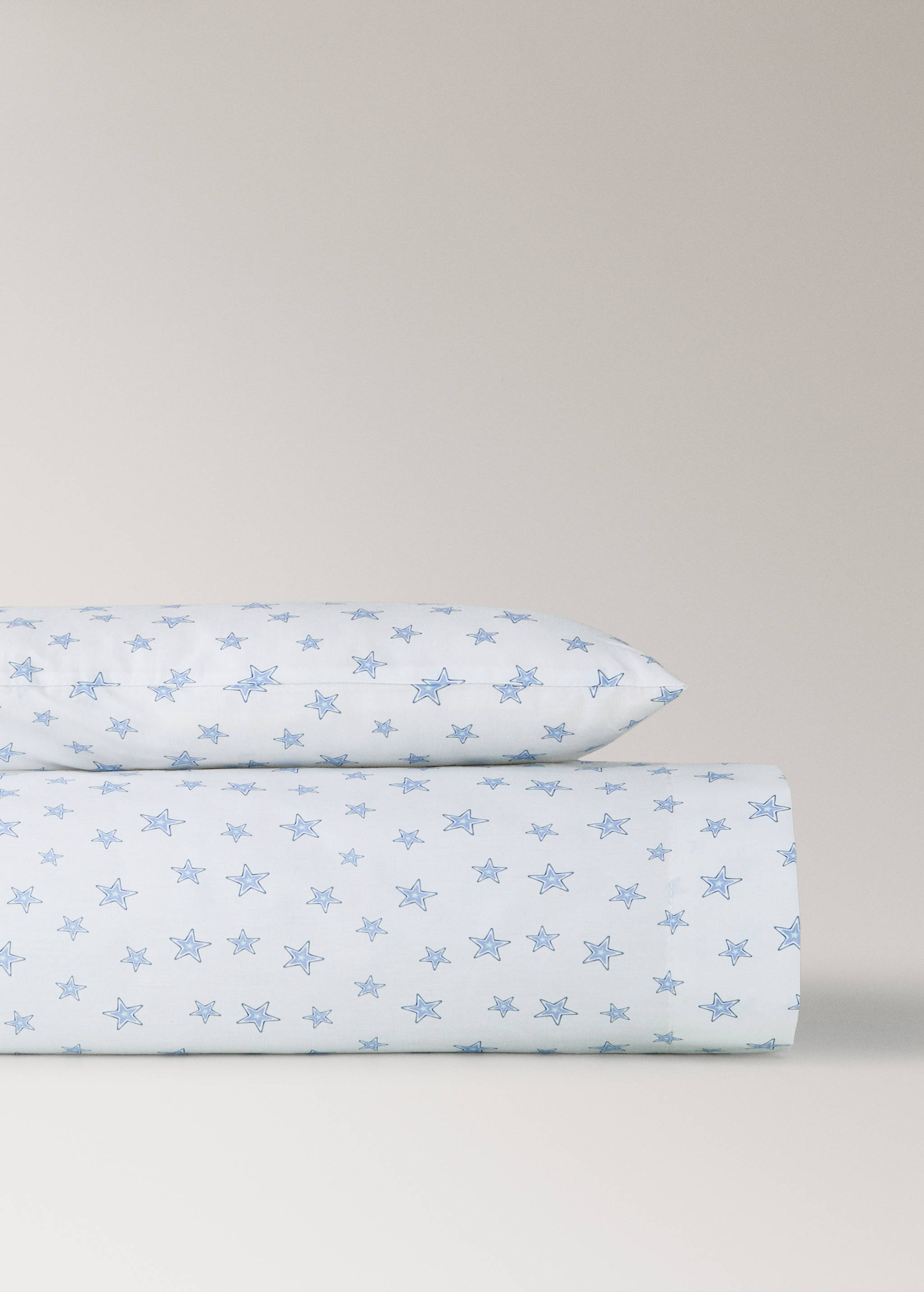 Mini cot sheet and pillow set in star-patterned cotton percale - Article without model