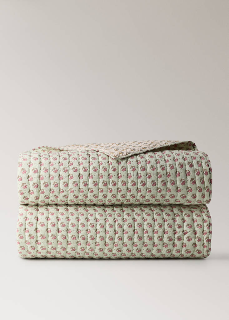 Kinderbettdecke mit Blockprint-Blumenmuster, Bett 90 cm — Pastellrosa