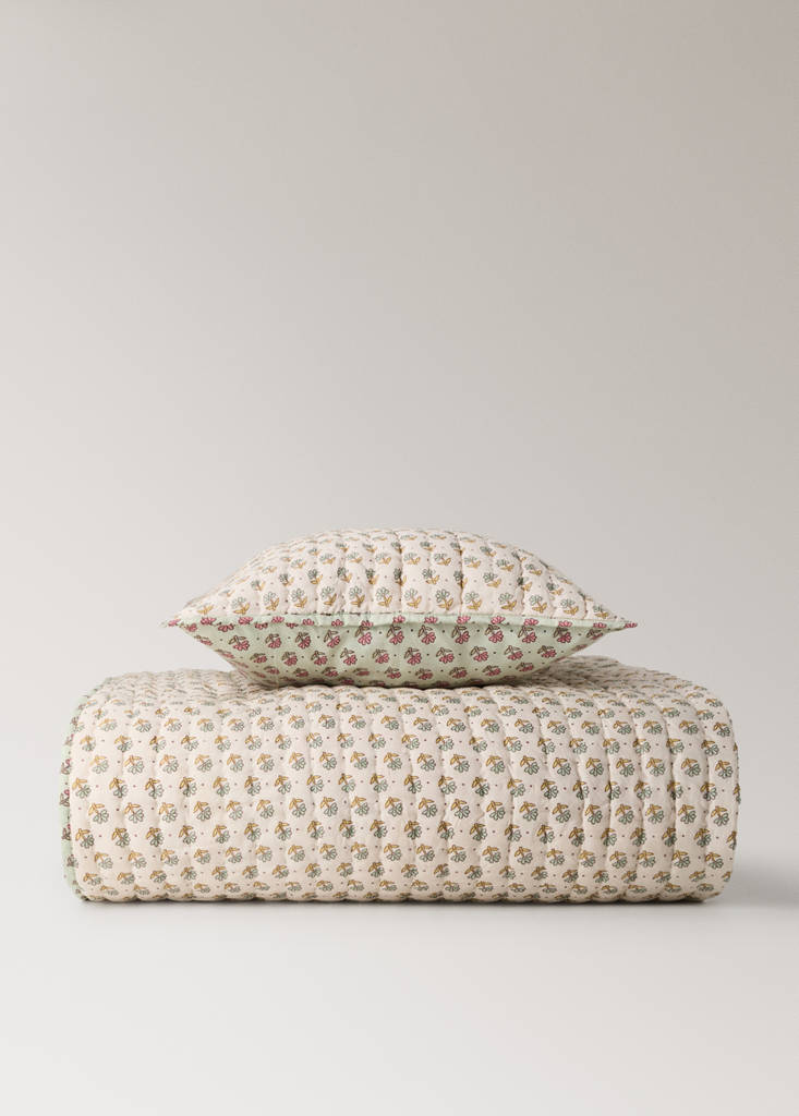 Kinderbettdecke mit Blockprint-Blumenmuster, Bett 90 cm — Pastellrosa