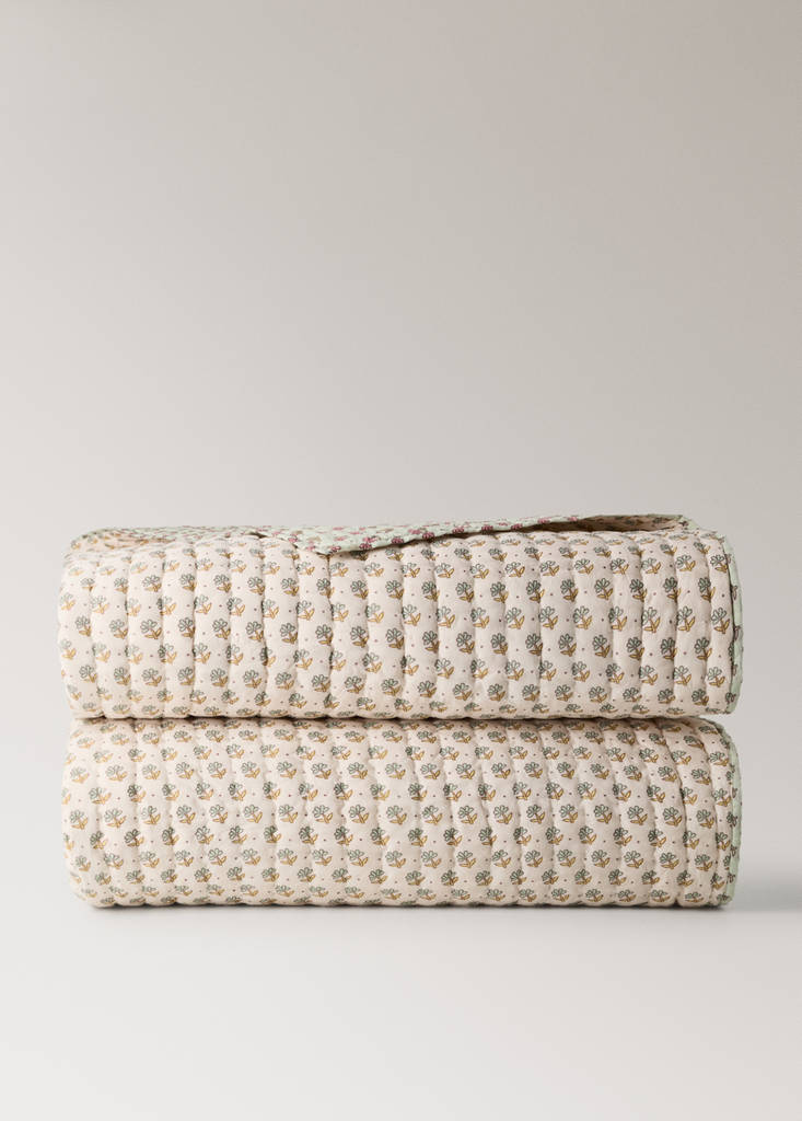 Kinderbettdecke mit Blockprint-Blumenmuster, Bett 90 cm — Pastellrosa