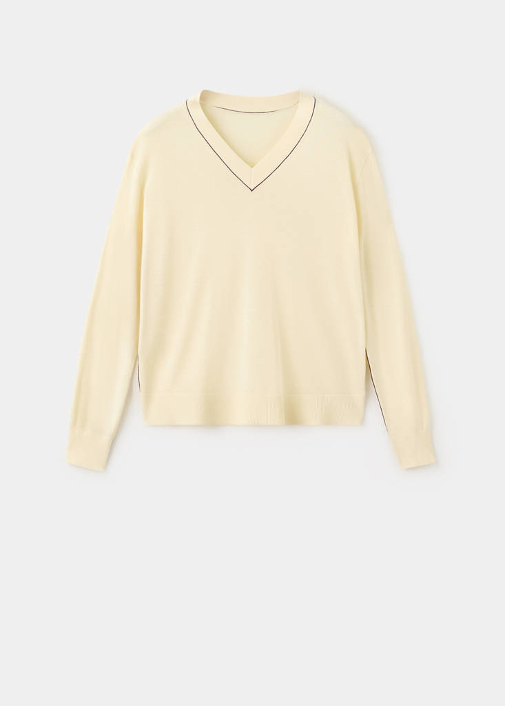 V-neck sweater with contrast trim — Pastel Yellow