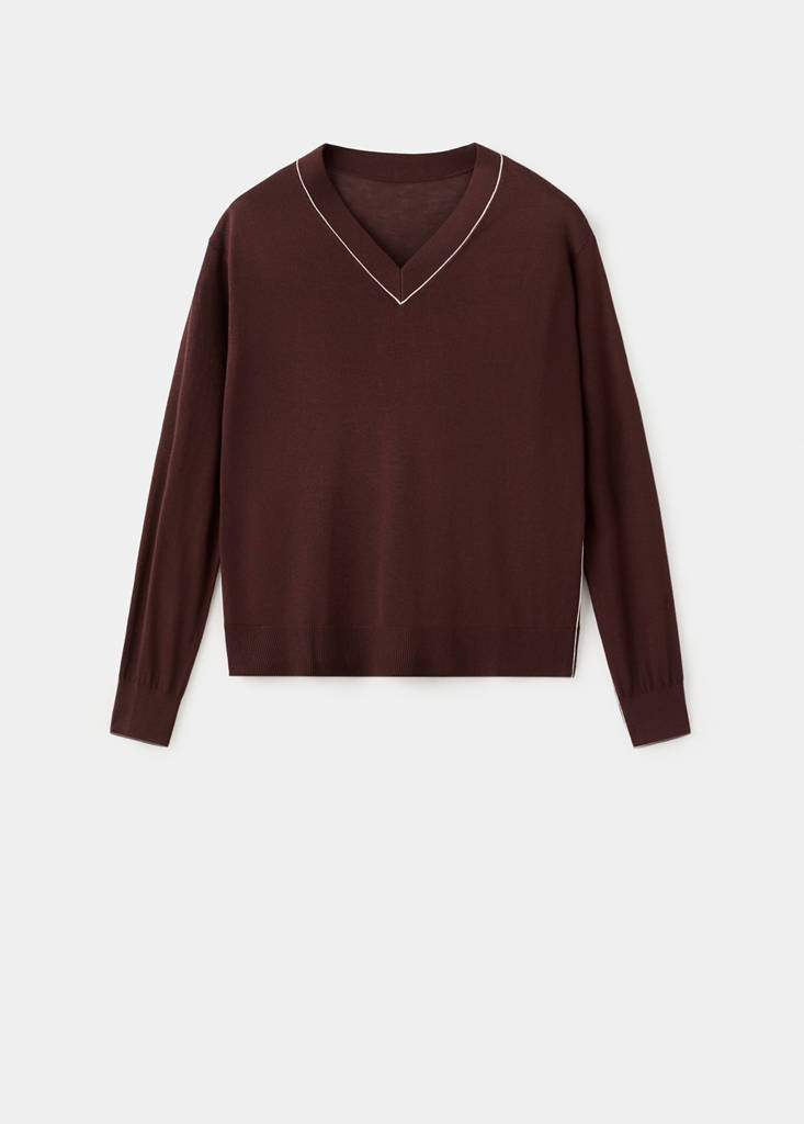 V-neck sweater with contrast trim — Chocolate