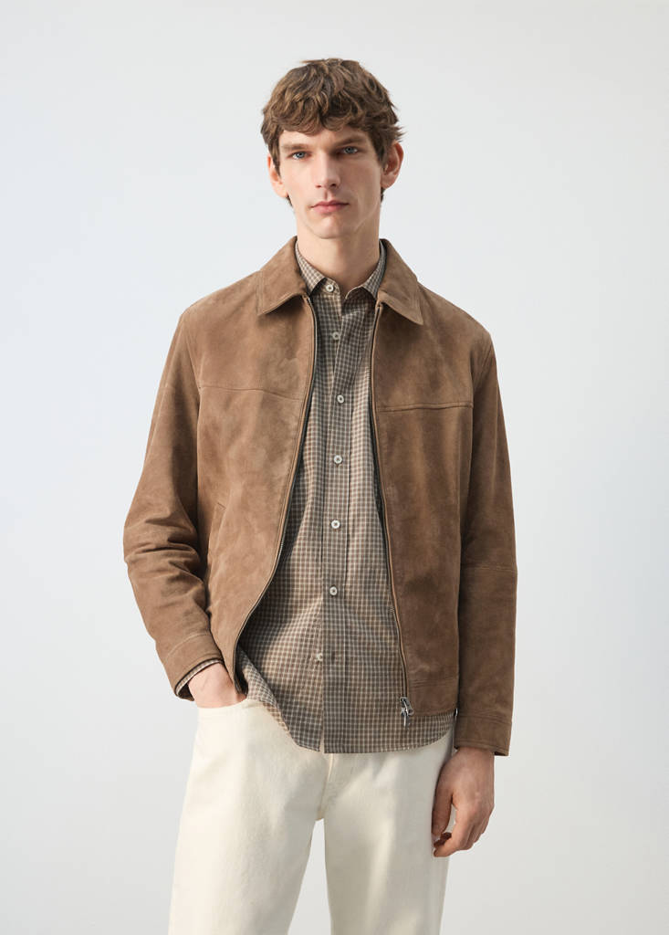 Wildlederjacke aus 100 % Leder mit Reißverschluss — Sandfarben