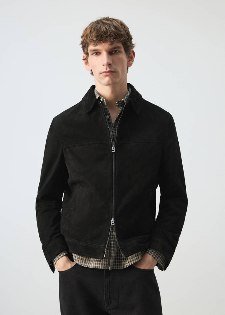 Wildlederjacke aus 100 % Leder mit Reißverschluss — Schwarz