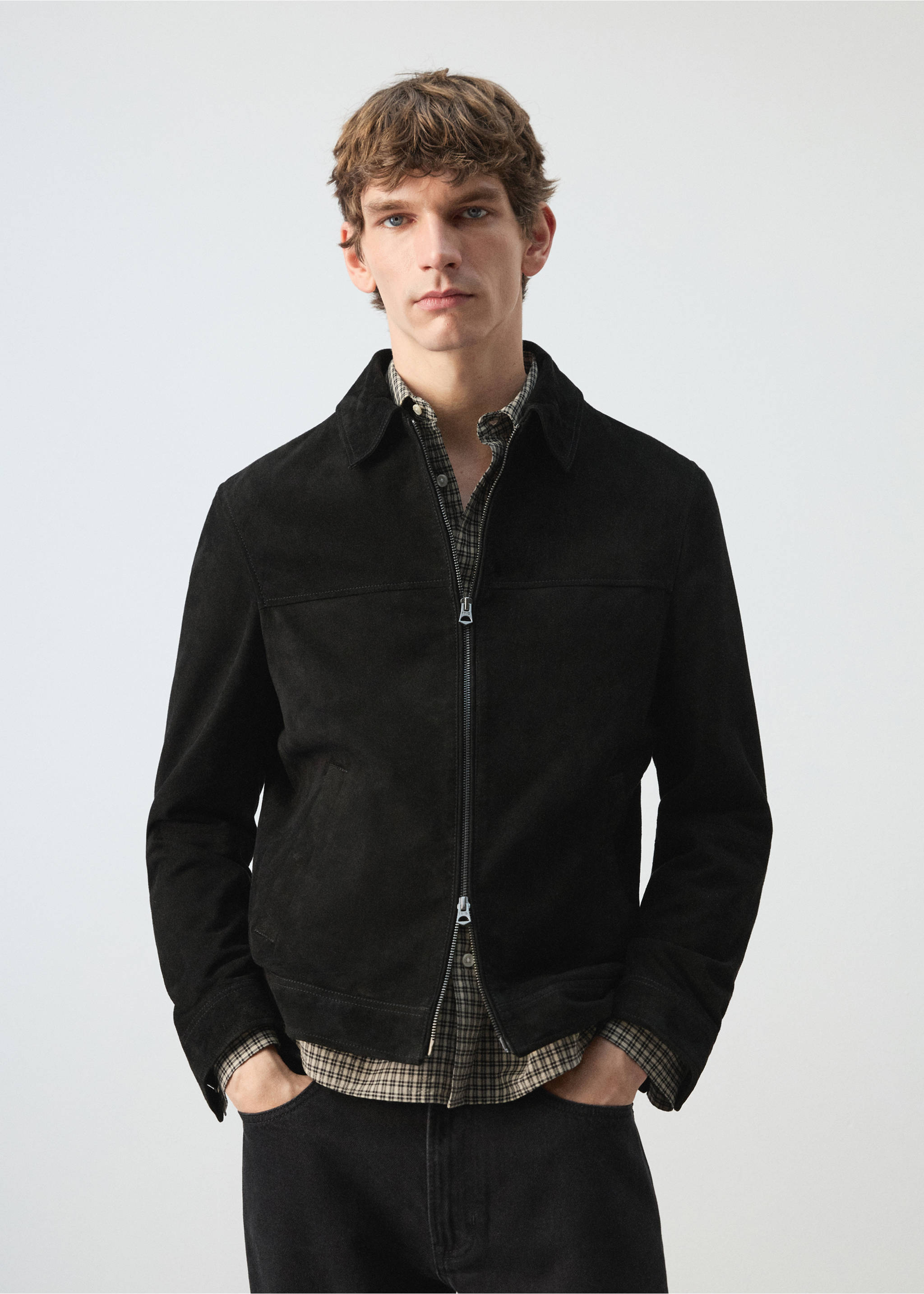 Cazadora 100% piel ante cremallera - Plano medio, Negro. Ref: 27094405-00.