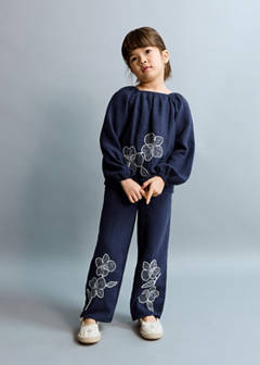 Embroidered floral cotton trousers — Navy 2