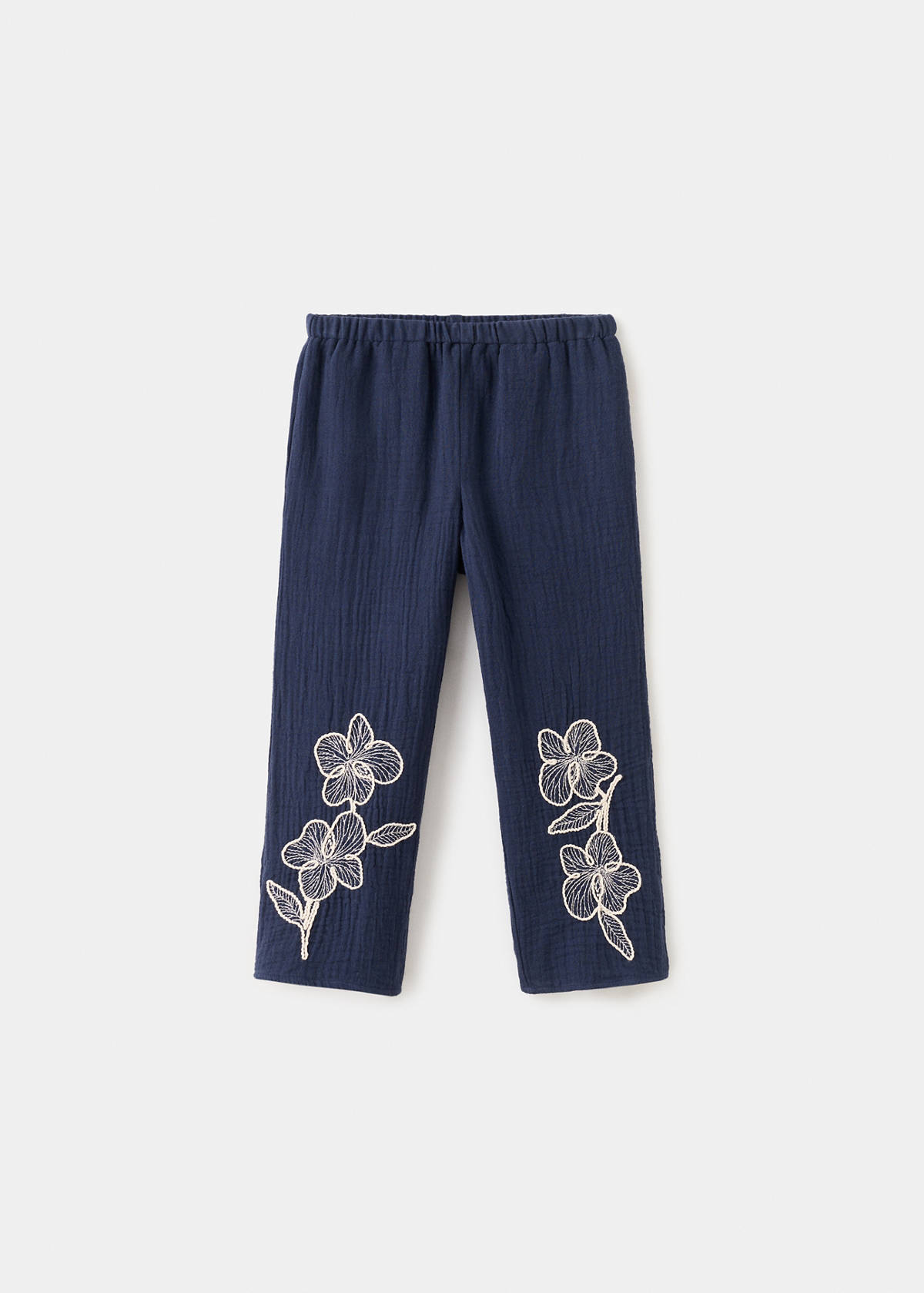 Embroidered floral cotton trousers — Navy