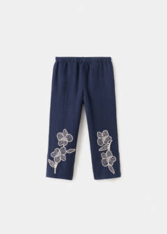 Embroidered floral cotton trousers — Navy 3