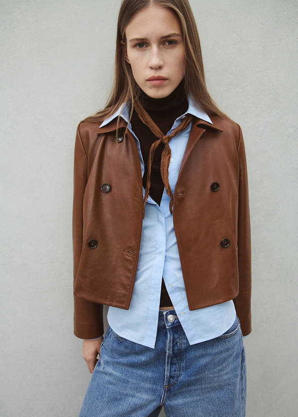 Double-breasted leather jacket — Medium Brown