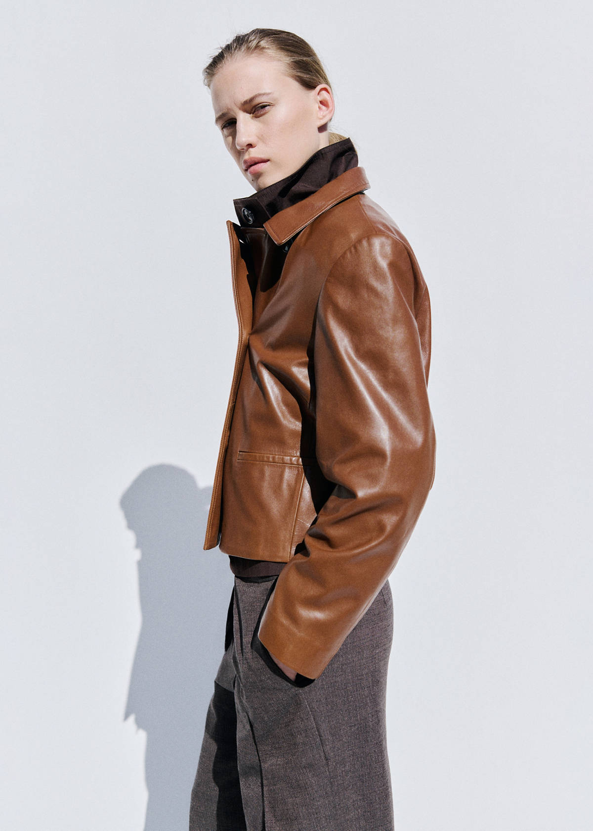 Double-breasted leather jacket — Medium Brown