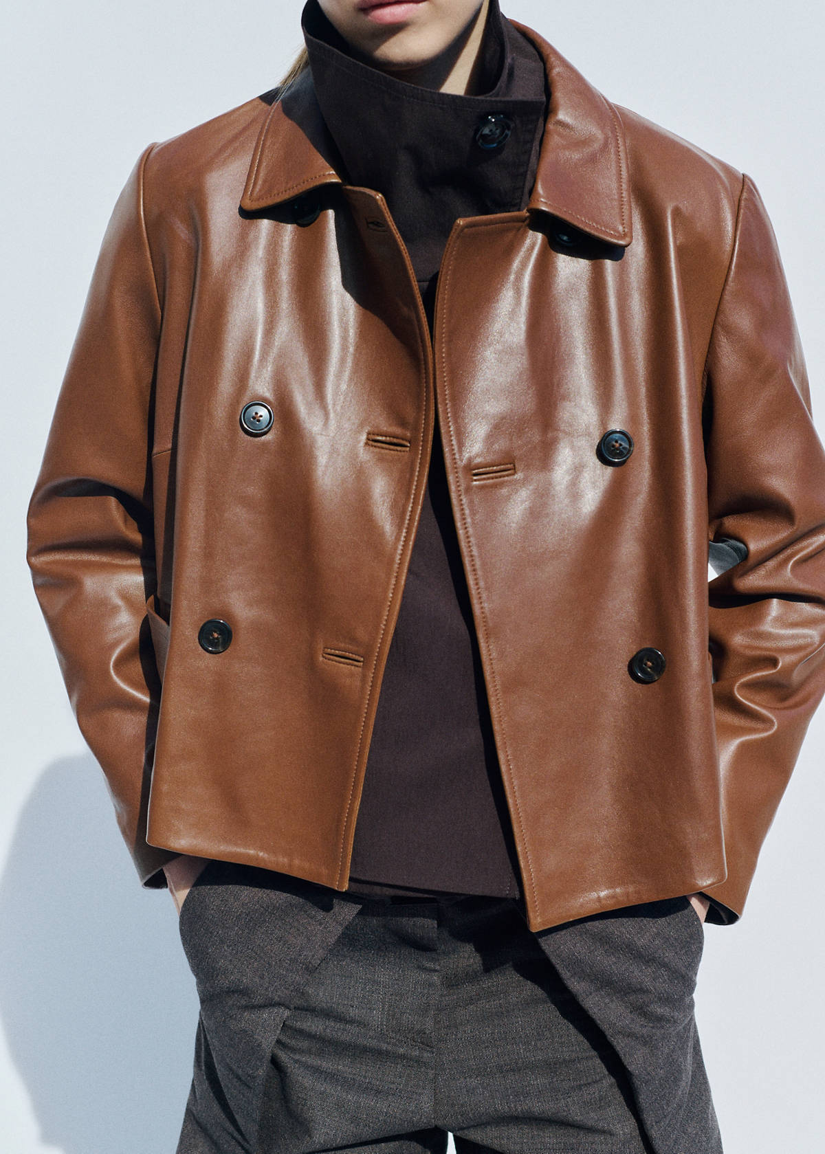 Double-breasted leather jacket — Medium Brown