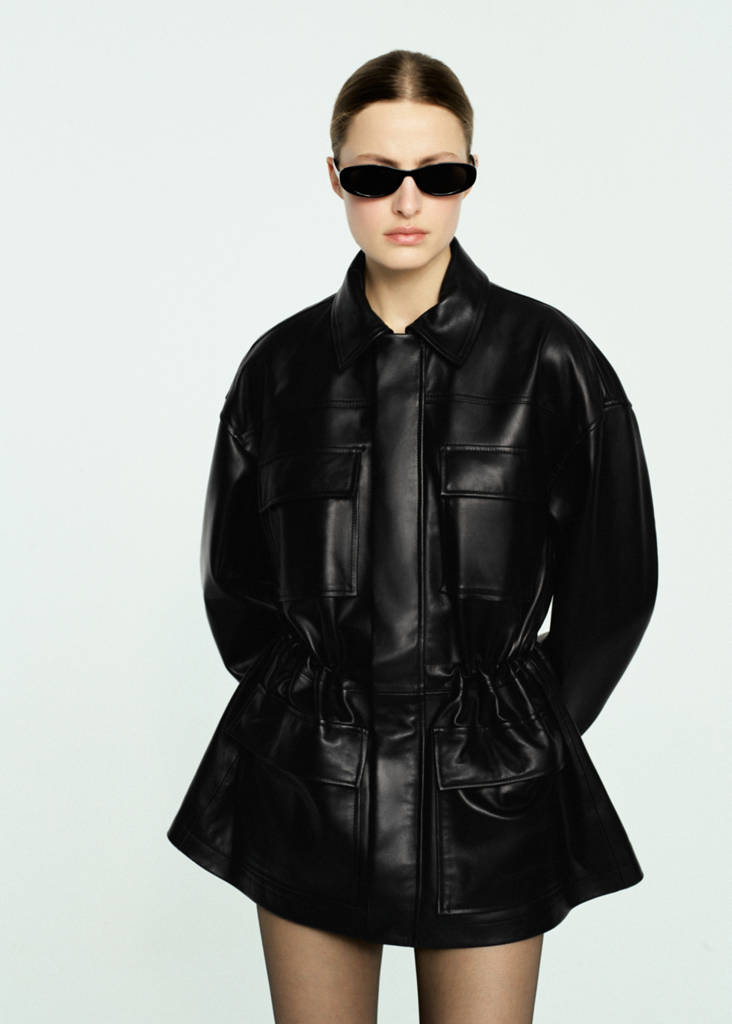 Leather parka with cinched waist — Black