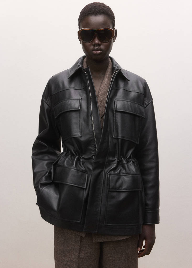 Leather parka with cinched waist — Black