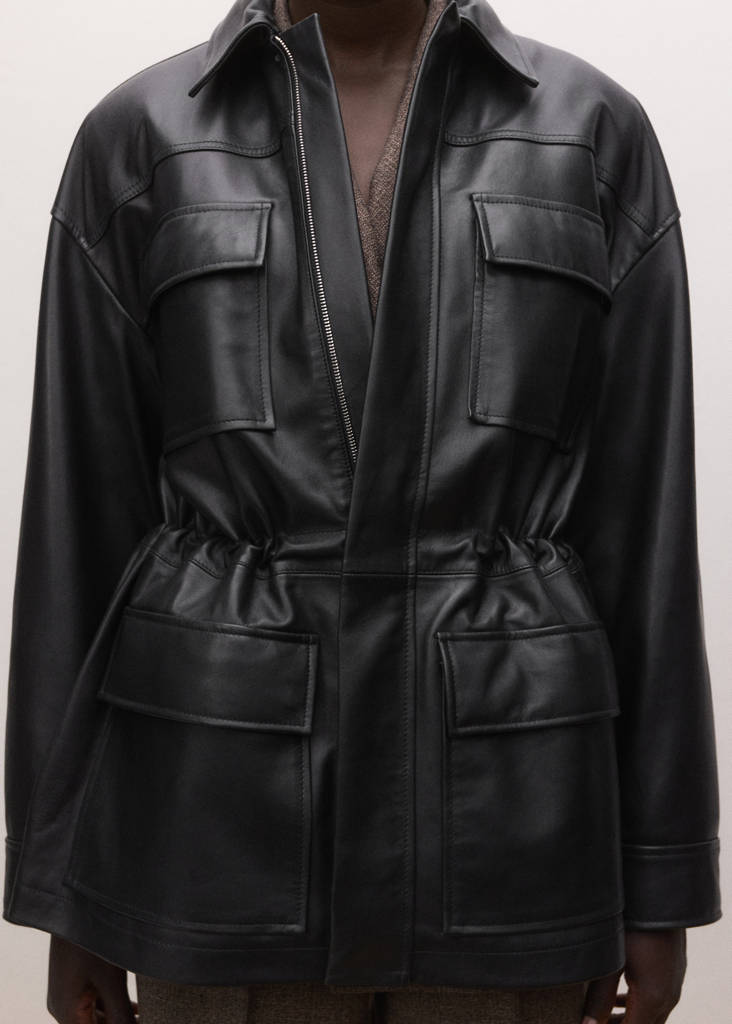 Leather parka with cinched waist — Black