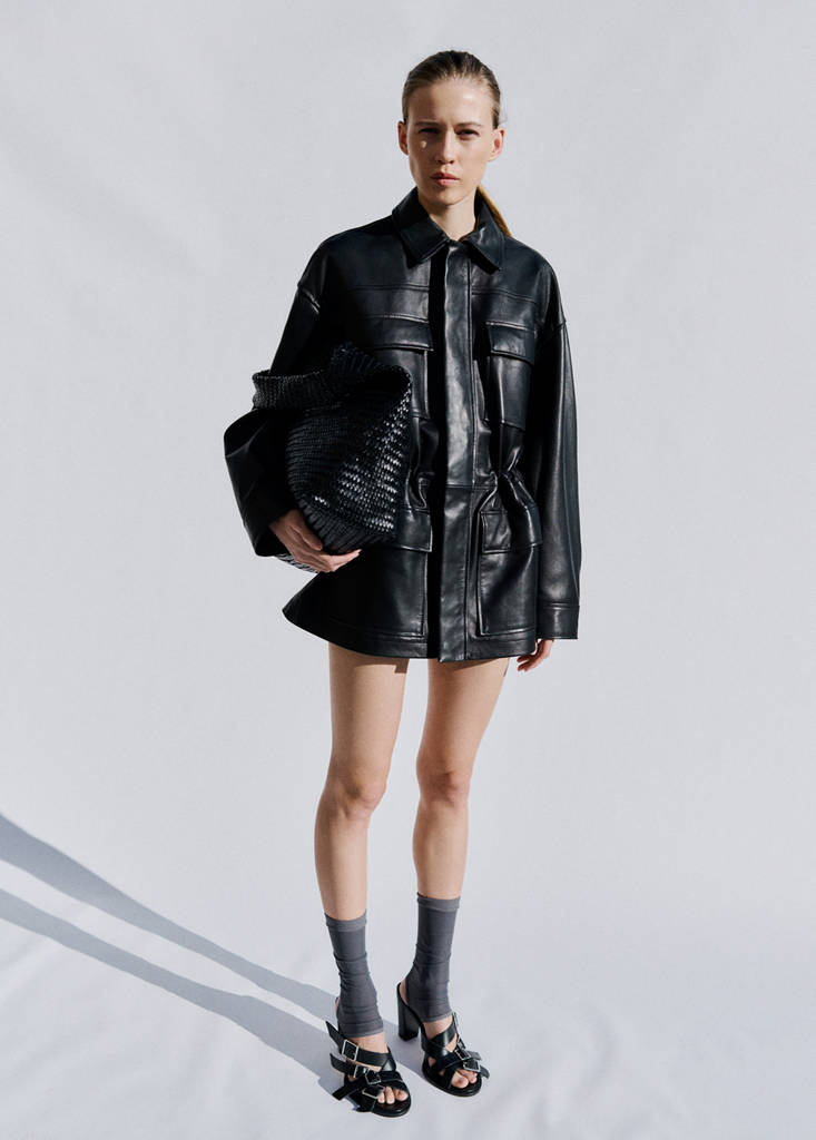 Leather parka with cinched waist — Black