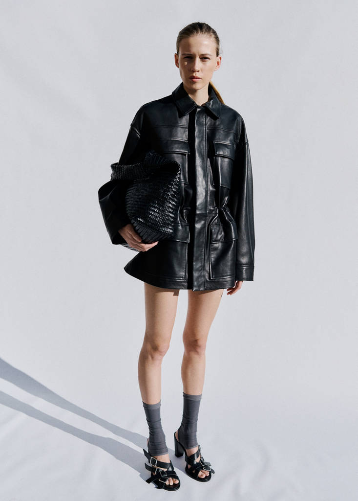 Leather parka with cinched waist — Black
