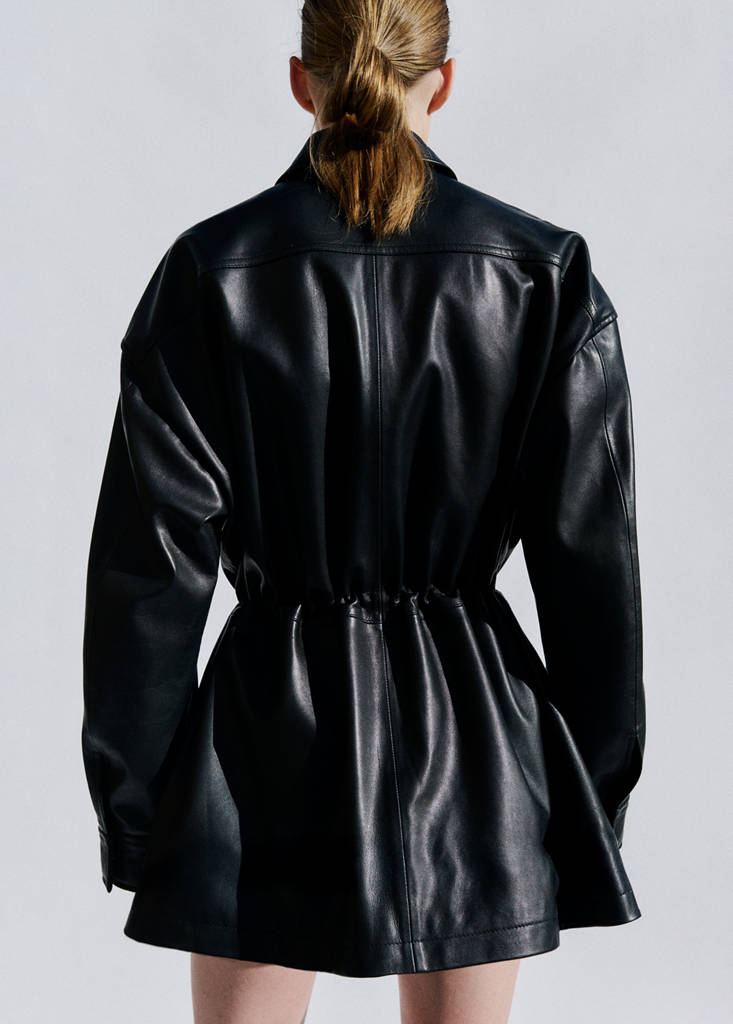Leather parka with cinched waist — Black