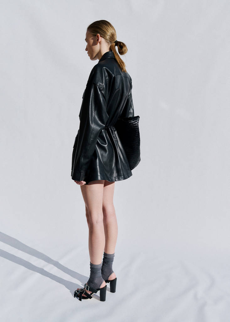 Leather parka with cinched waist — Black