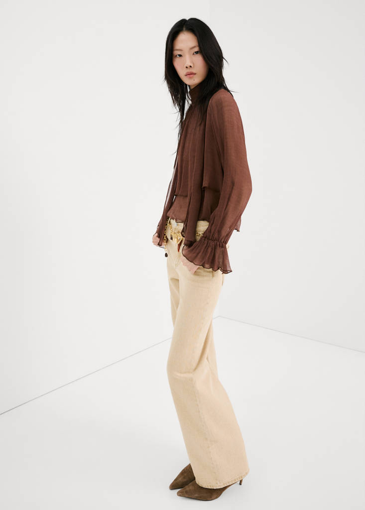 High-neck frilled blouse — Brown