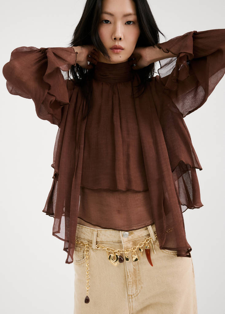 High-neck frilled blouse — Brown
