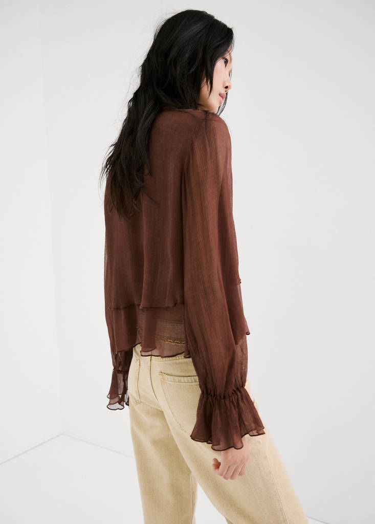 High-neck frilled blouse — Brown