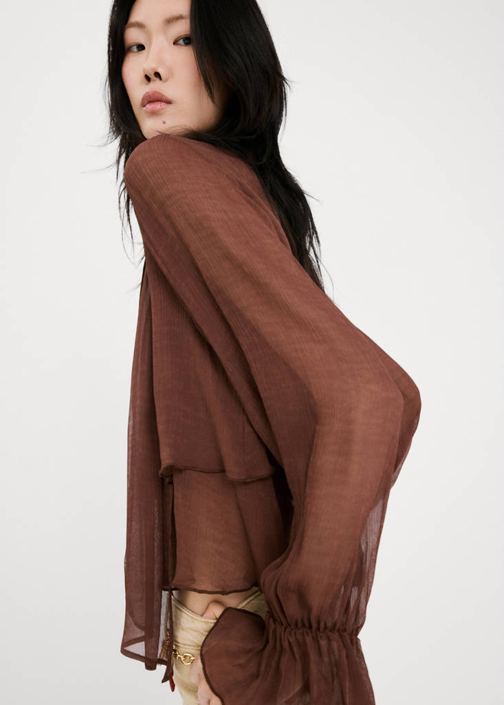 High-neck frilled blouse — Brown