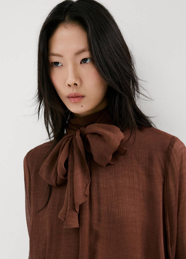 High-neck frilled blouse — Brown