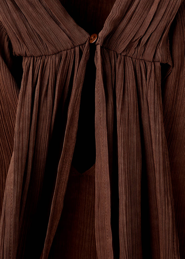 High-neck frilled blouse — Brown