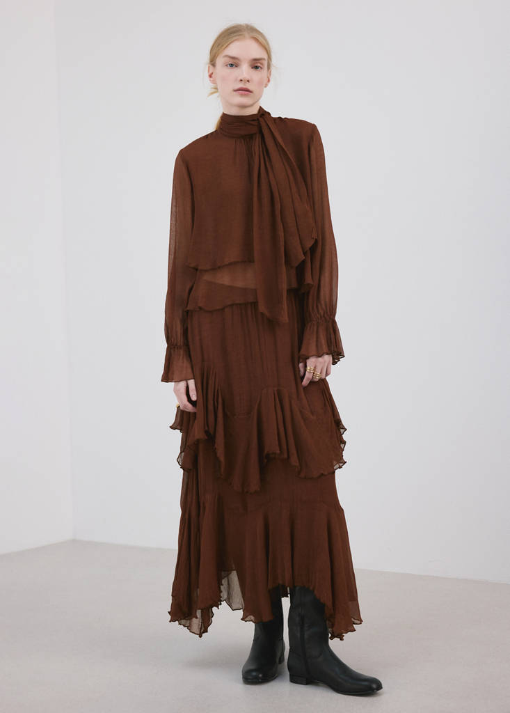 High-neck frilled blouse — Brown