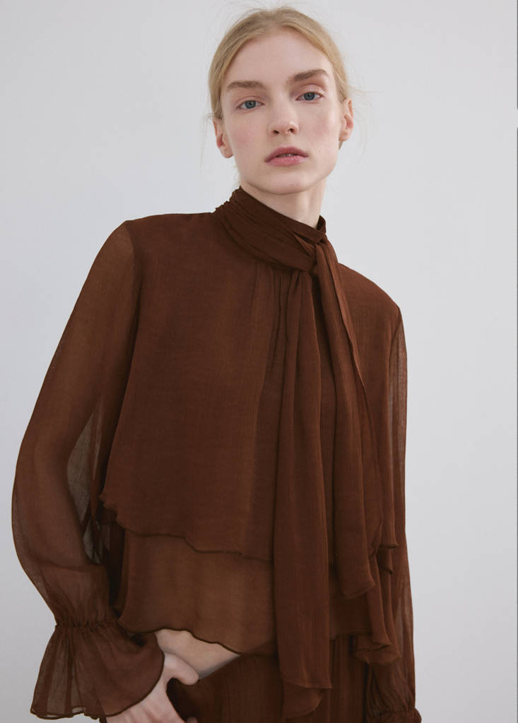 High-neck frilled blouse — Brown