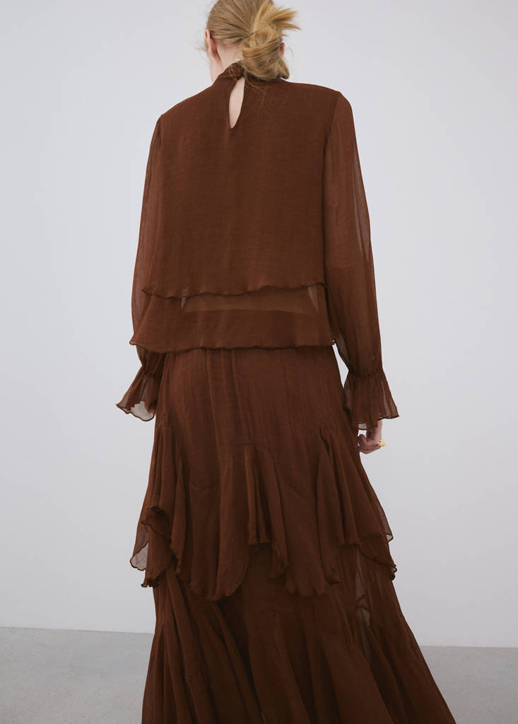 High-neck frilled blouse — Brown
