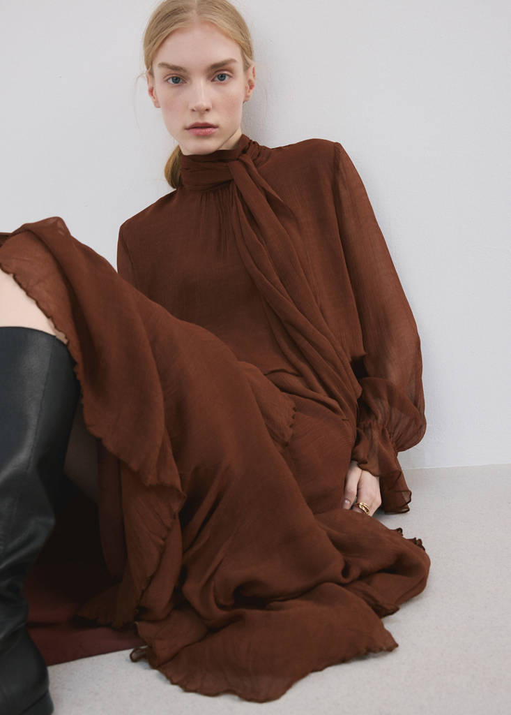 High-neck frilled blouse — Brown