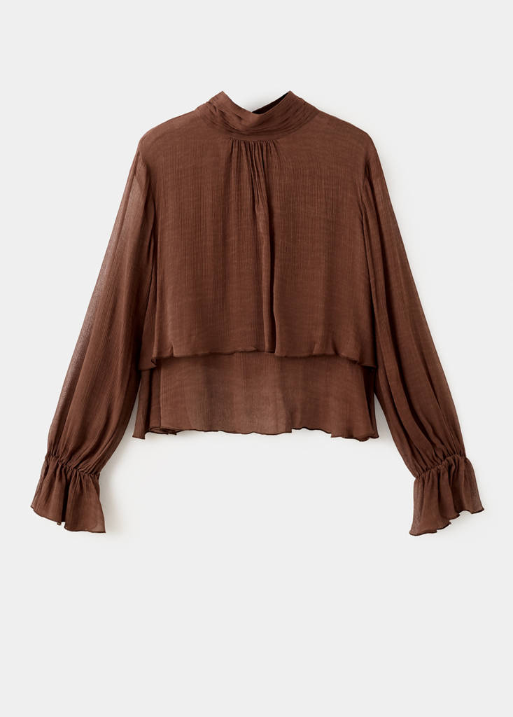 High-neck frilled blouse — Brown