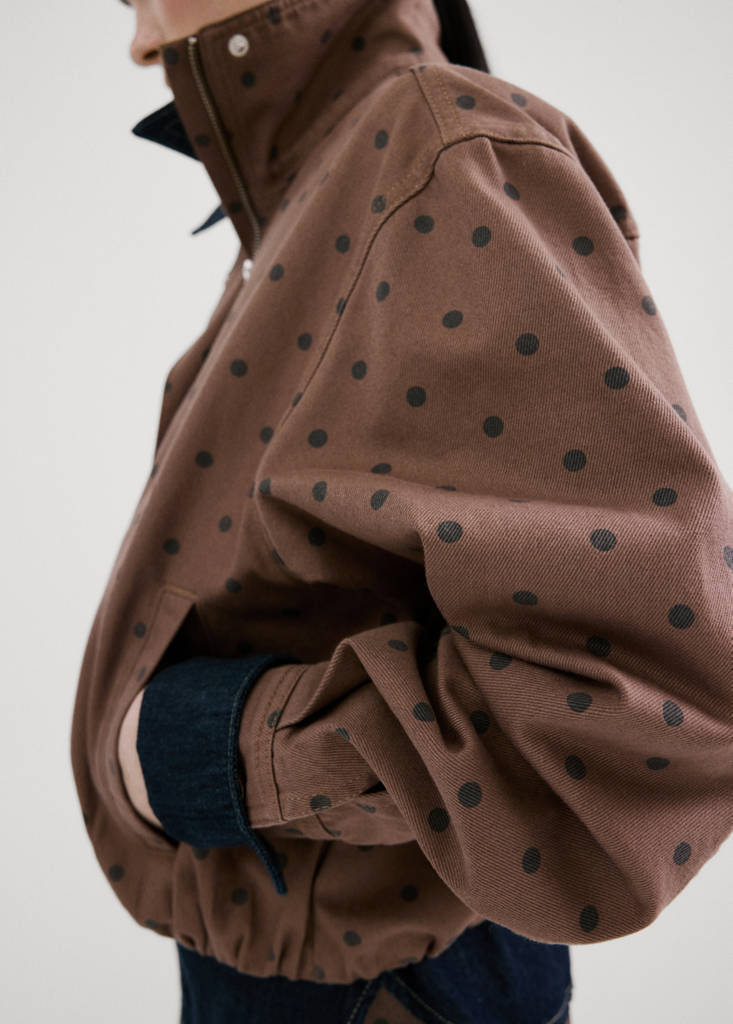 Polka-dot denim bomber jacket